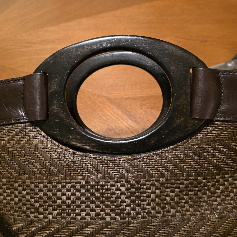 Vintage Fossil Espresso Brown Rattan  Shoulder Bag Wood Handle EUC - Picture 11 of 13